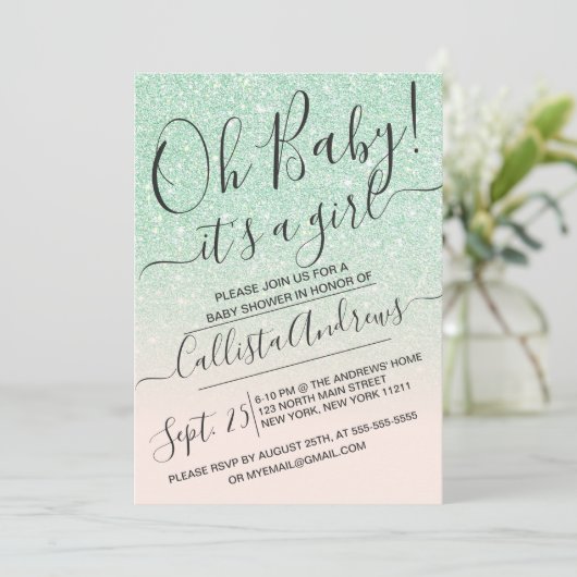 Mint Pink Faux Sparkly Glitter Ombre Baby shower Kaart (Staand voorkant)