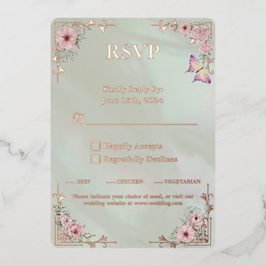 Mint Pioen Bruiloft Folie RSVP Reactie Kaart (Voorkant)