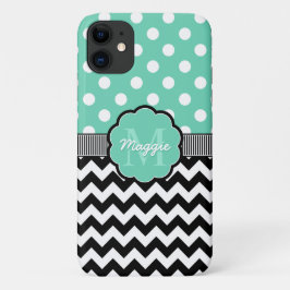 Mint Polka Dots Black Chevron Monogram iPhone 11 Hoesje