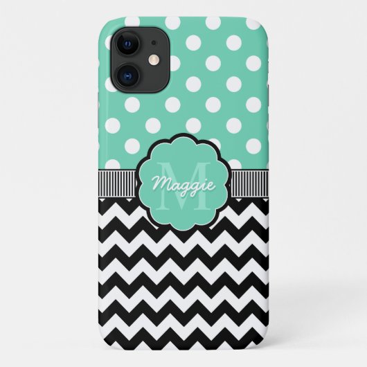 Mint Polka Dots Black Chevron Monogram Case-Mate iPhone Case (Achterkant)