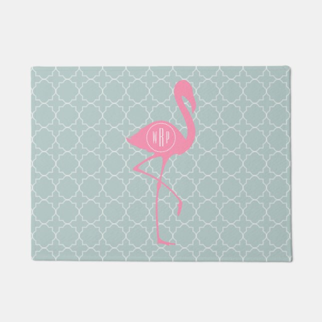 Mint Quatrefoil Monogram Flamingo Doormat Deurmat (Voorkant)