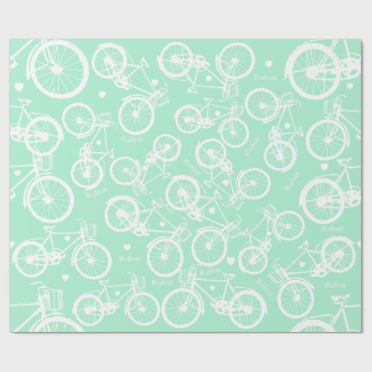 Mint Retro Bicycle Boy's Name op Cadeaupapier (Vlak)