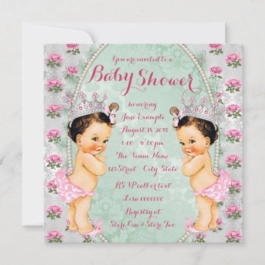 Mint Rose Rose Twin Girl Baby Shower Invitations (Devant)