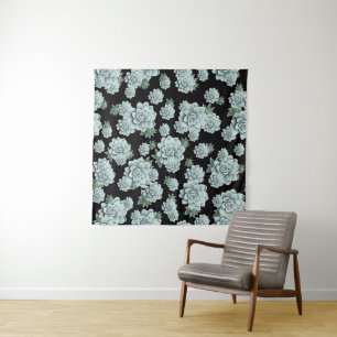 Mint Rosette Succulents Herhaal Afdrukken op zwart Wandkleed