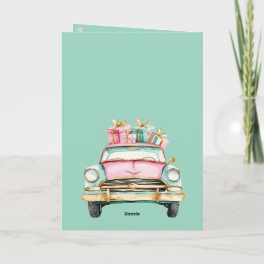 Mint Roze Auto Kerst Geschenken Kaart (Achterkant)