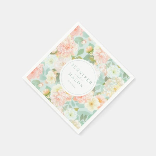 Mint Roze Bloemen Huwelijk Monogram Papieren serve Servet (Hoek)