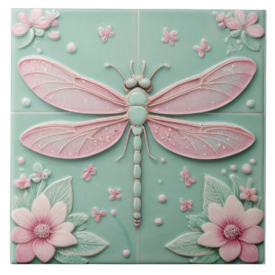 Mint & Roze Dragonfly en Bloemen Girly Floral Tegeltje