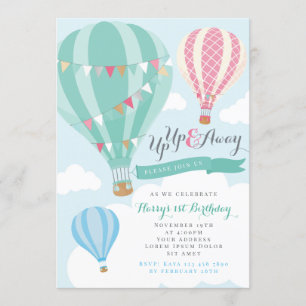 Mint & Roze Hot Air Ballon Verjaardag Uitnodiging