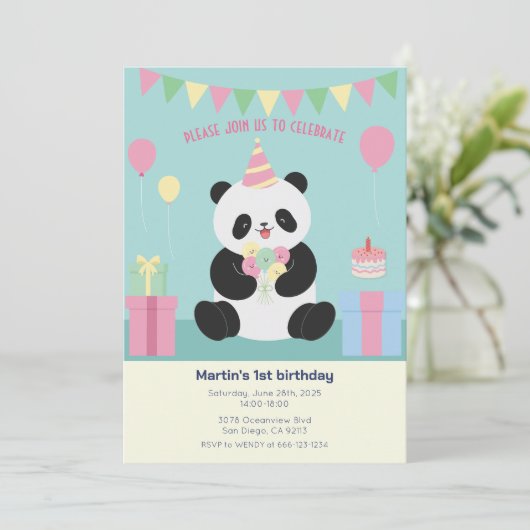 Mint & Roze zoete Panda ontwerp Kaart (Staand voorkant)