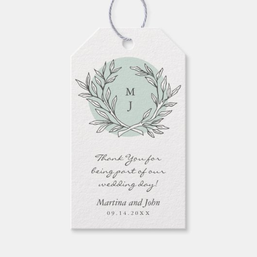 Mint Rustic Monogram Wreath Wedding Favor Label Cadeaulabel (Voorkant)