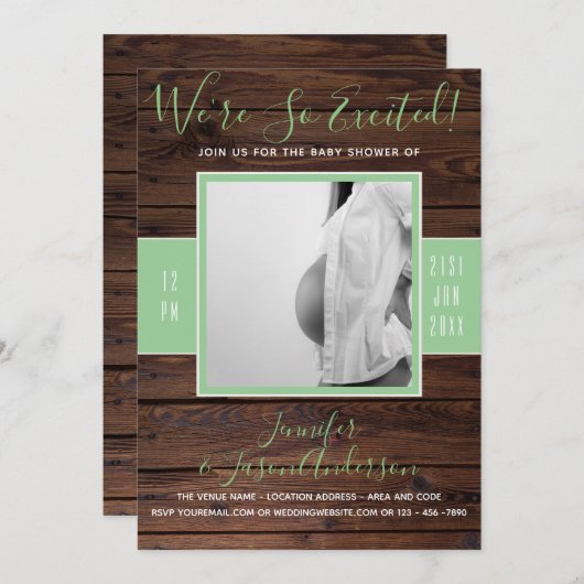 Mint rustique | Baby shower PHOTO Invitation (Devant / Derrière)