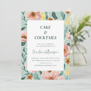 Mint Sage Blush Pink Floral Birthday Party Kaart