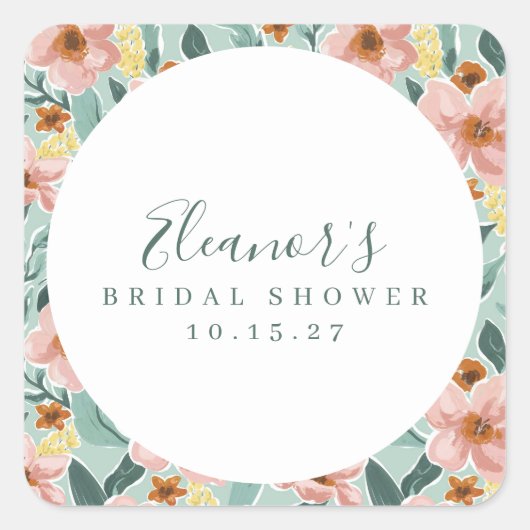 Mint Sage Roze Bloemen Script Vrijgezellenfeest Aa Vierkante Sticker (Voorkant)