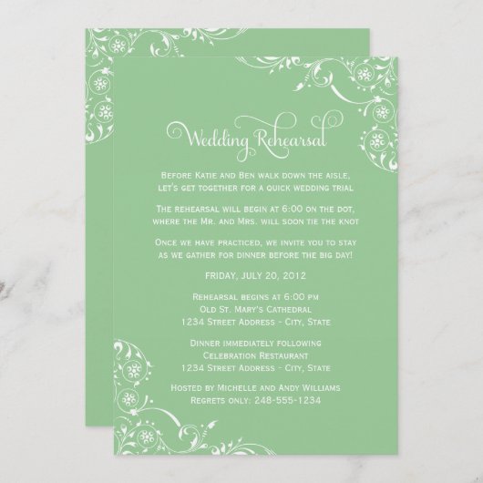 Mint Scrolls Wedding Rehearsal and Dinner Kaart (Voorkant / Achterkant)