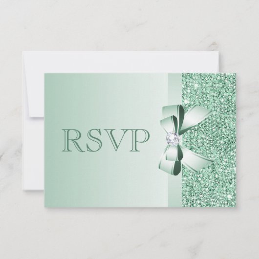 Mint Sequins, Bow & Diamond RSVP Wedding Kaartje (Voorkant)
