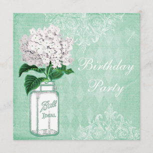 Mint Shabby Chic Jar & Hydrangea Birthday Party Kaart