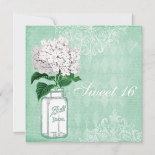 Mint Shabby Chic Mason Jar & Hydrangea Sweet 16 Kaart