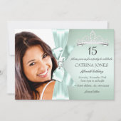 Mint Silver Diamond Bow & Tiara Quinceanera Invite Kaart (Voorkant)