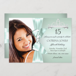 Mint Silver Diamond Bow & Tiara Quinceanera Invite Kaart