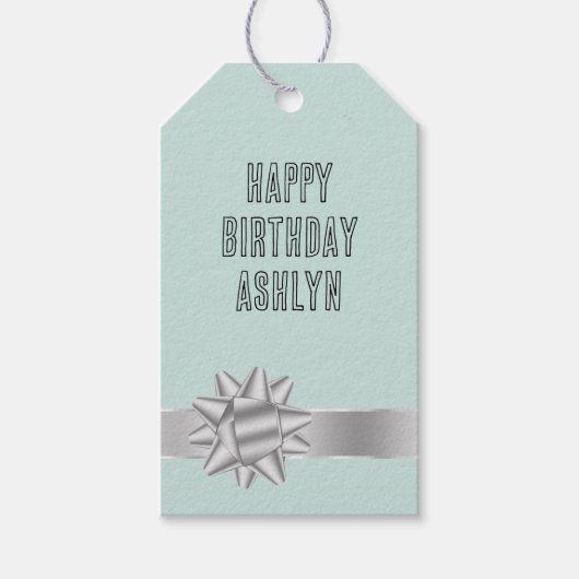 Mint Silver Ribbon Bow Verjaardag Cadeaulabel (Voorkant)