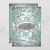 Mint Silver Sparkle Flower Sweet 16 Invite Kaart (Voorkant / Achterkant)