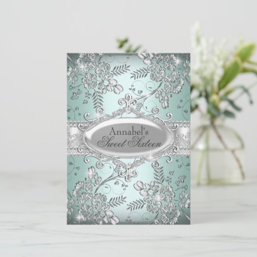 Mint Silver Sparkle Flower Sweet 16 Invite Kaart (Staand voorkant)