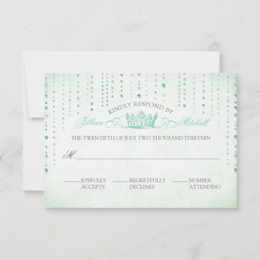 Mint Sparkles & Crown Fairytale Wedding RSVP Card (Voorkant)
