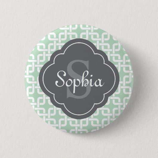 Mint Square Chain Pattern Gray Monogram Ronde Button 5,7 Cm (Voorkant)