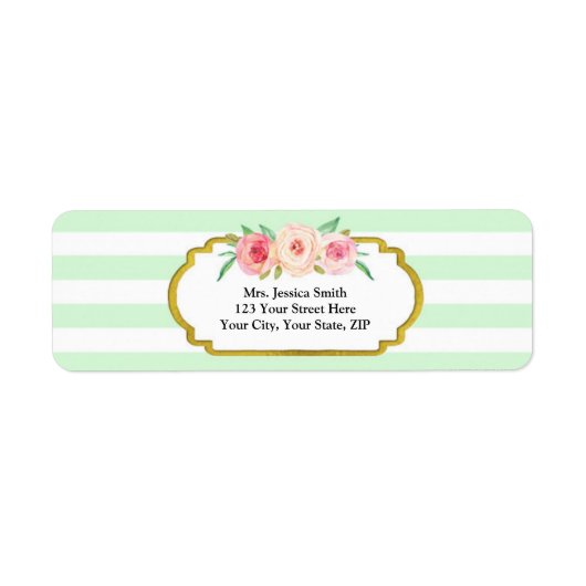 Mint Stripe Goud Roze Bloemen Retouradres Label (Voorkant)