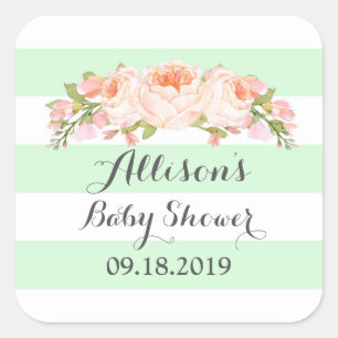 Mint Stripe Roze Waterverf Bloemen Baby shower Lab Vierkante Sticker