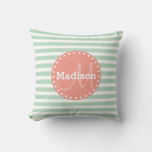 Mint Stripes Coral Monogram Kussen