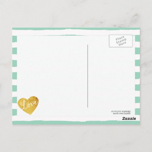 Mint Stripes Fake Gold Love Heart Cute Girly Briefkaart (Achterkant)