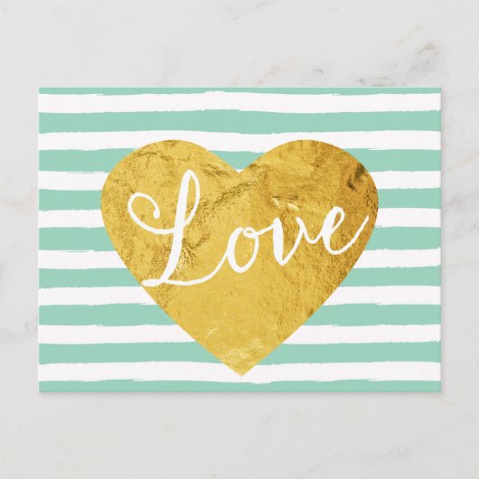 Mint Stripes Fake Gold Love Heart Cute Girly Briefkaart (Voorkant)