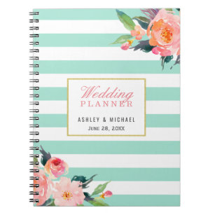 Mint Stripes Floral Wedding Planner Guestbook Notitieboek