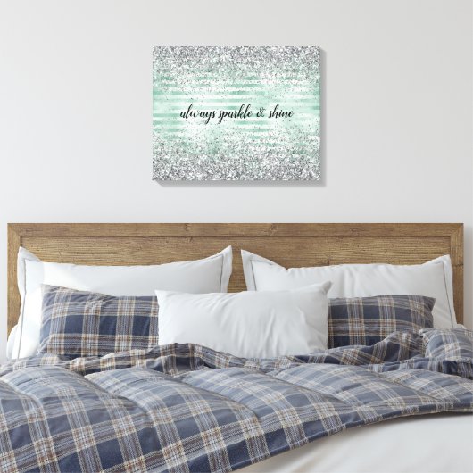 Mint Stripes Glam Glitz Silver Glitter Canvas Afdruk (Insitu (Slaapkamer))