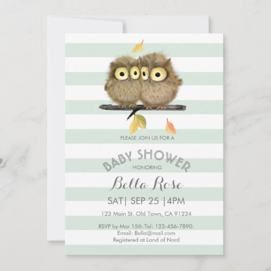 Mint Stripes Grey Owl Baby Shower-uitnodigingen Kaart (Voorkant)