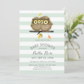 Mint Stripes Grey Owl Baby Shower-uitnodigingen Kaart (Staand voorkant)