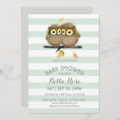 Mint Stripes Grey Owl Baby Shower-uitnodigingen Kaart (Voorkant / Achterkant)