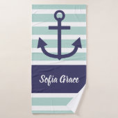 Mint Stripes Marine Ancre Nom du script Serviette (Serviette de bain)