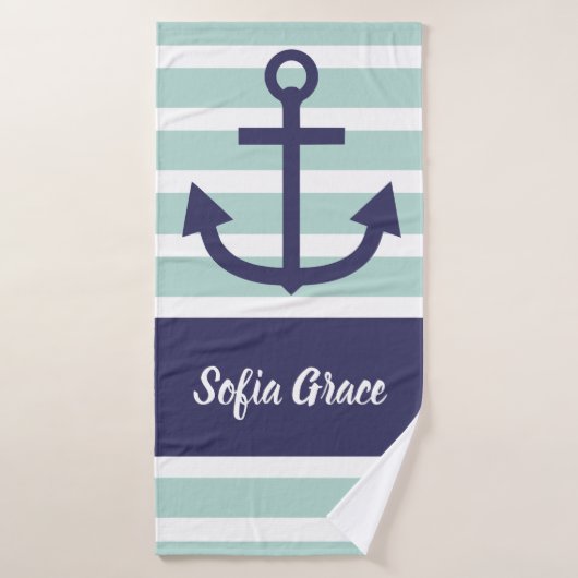 Mint Stripes Marine Ancre Nom du script Serviette  (Serviette de bain)