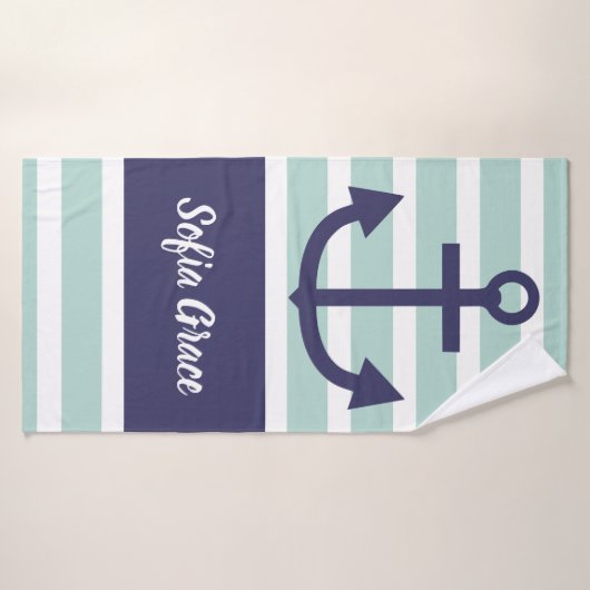 Mint Stripes Navy Anchor Script Name Bath Towel Badhanddoek (Badhanddoek)