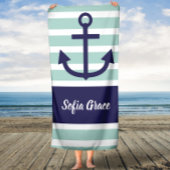 Mint Stripes Navy Anchor Script Name Bath Towel Badhanddoek