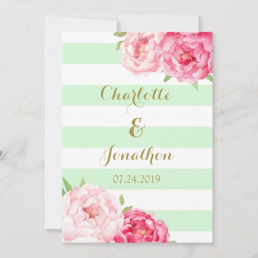 Mint Stripes Or Rose Fleurs de mariage Invitations (Devant)