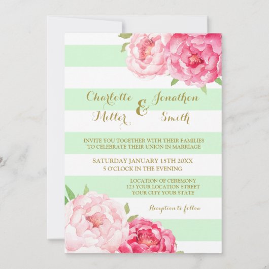 Mint Stripes Or Rose Fleurs de mariage Invitations (Dos)