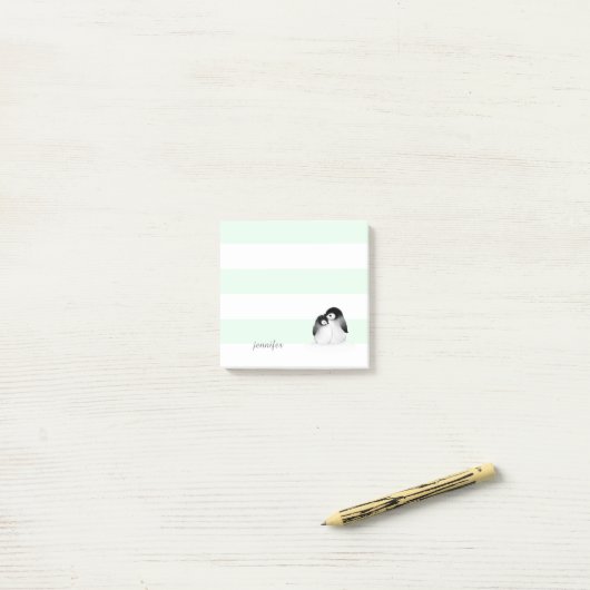 Mint Stripes Penguin Post-it® notes (Op bureau)