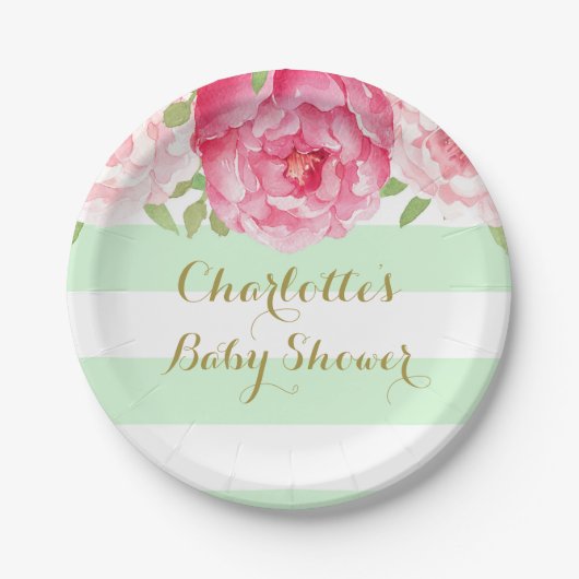 Mint Stripes Roze Waterverf Baby shower Bord (Voorkant)