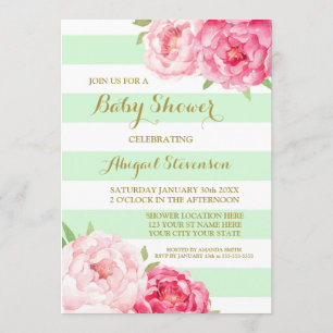 Mint Stripes Roze Waterverf Bloemen Baby shower Kaart