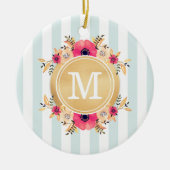 Mint Stripes Waterverf Flowers Faux Gold Monogram Keramisch Ornament (Voorkant)