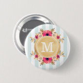Mint Stripes Waterverf Flowers Faux Gold Monogram Ronde Button 5,7 Cm (Voorkant /achterkant)