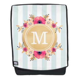 Mint Stripes Waterverf Flowers Faux Gold Monogram Rugtassen